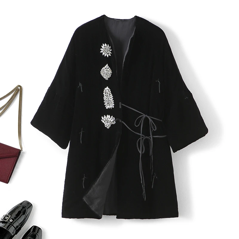 复古轻奢~~ 精致钻饰 丝绒手工缝制系带围裹式棉服外套