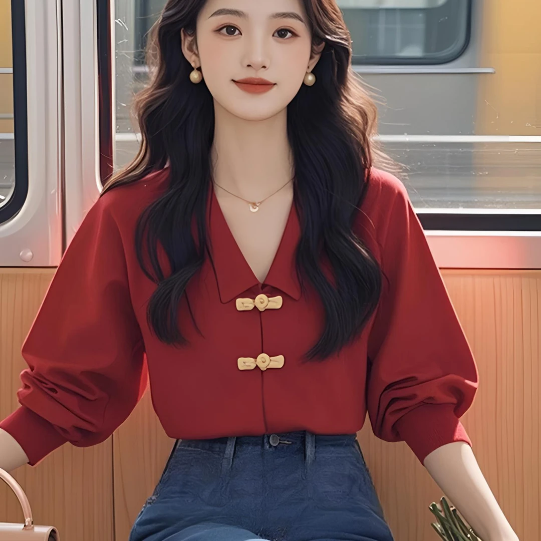 清冷时尚洋气红色长袖炸街显瘦小众漂亮设计感独特气质雪纺上衣