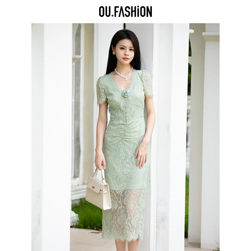 【欧点の花】OU.FASHION/欧点经典蕾丝V领连衣裙绿色显瘦6122420146
