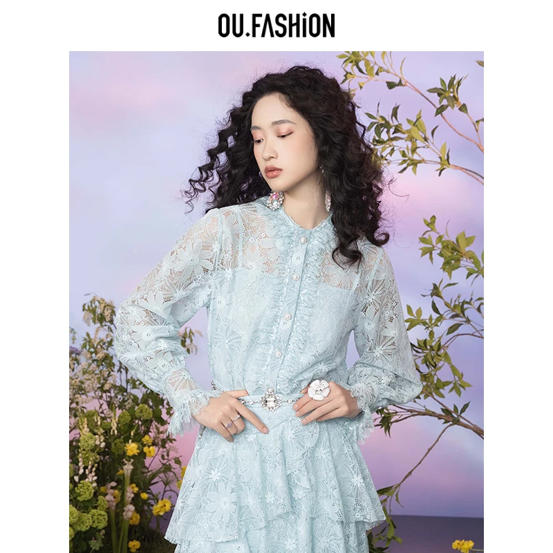 【商场同款】OU.FASHION/欧点法式蕾丝衫长袖上衣1032230427热力感