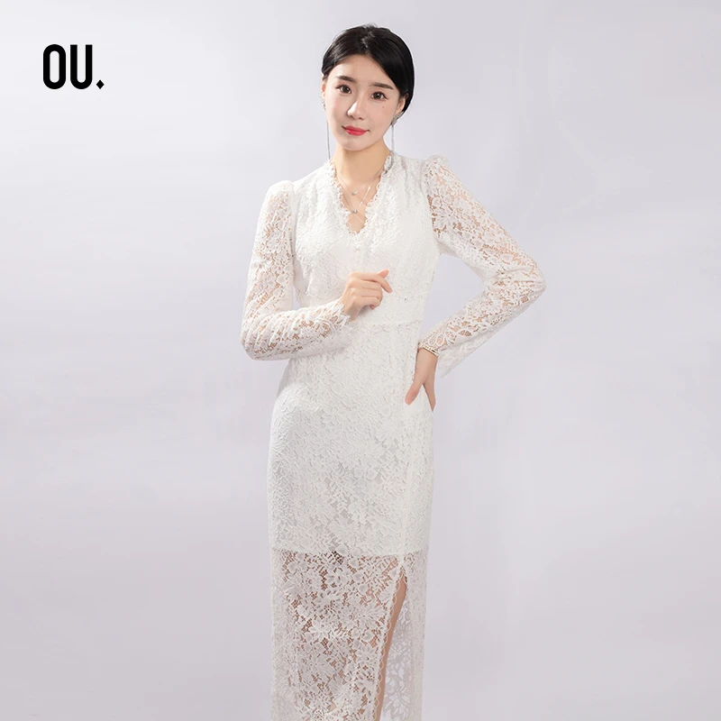 OU.FASHION/欧点长袖V领蕾丝连衣裙6122230441热力感