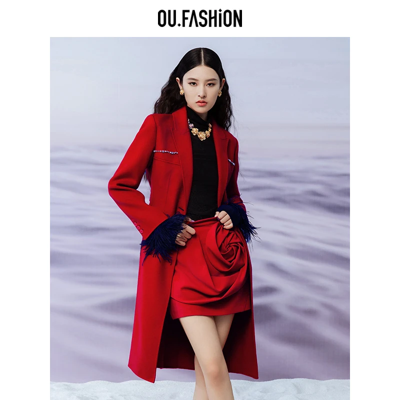 【刘老师专享】王媛可同款OU.FASHION欧点绵羊毛呢大衣1082340284