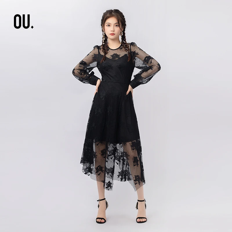 【商场同款】OU.FASHION/欧点时尚春秋季蕾丝长袖连衣裙 1213133053