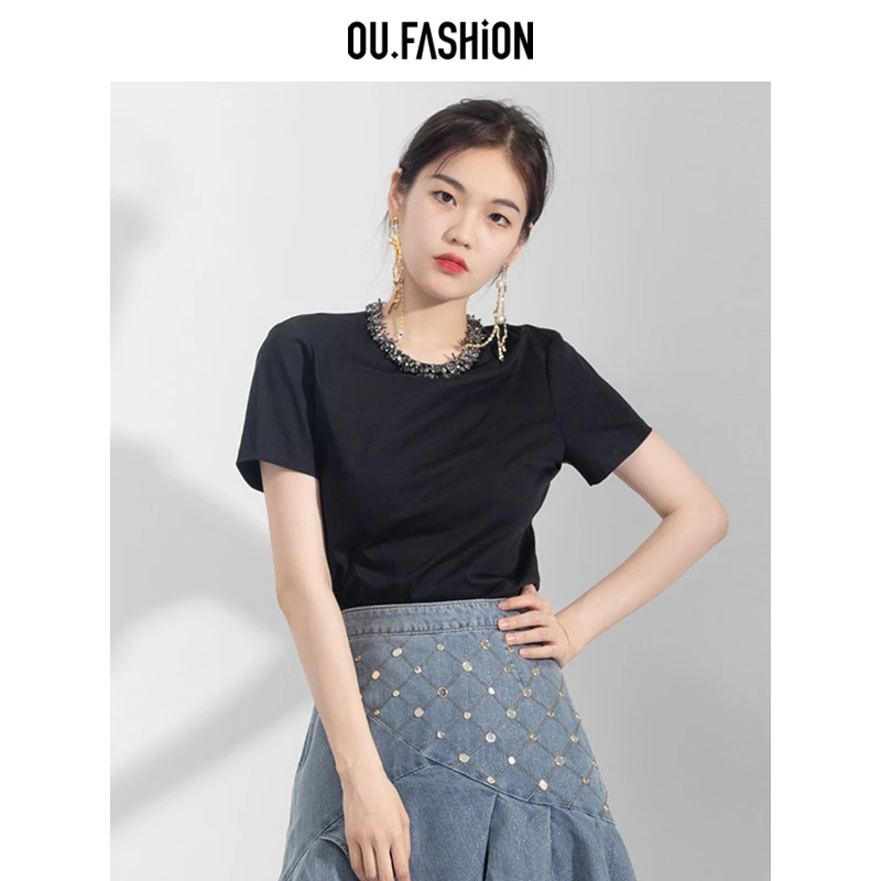 OU.FASHION/欧点时尚简约圆领设计感钉珠短袖T恤6022220078