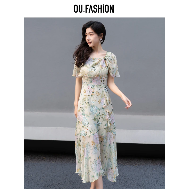 OU.FASHION/欧点时尚碎花乔其纱夏优雅法式仙女连衣裙6122320143
