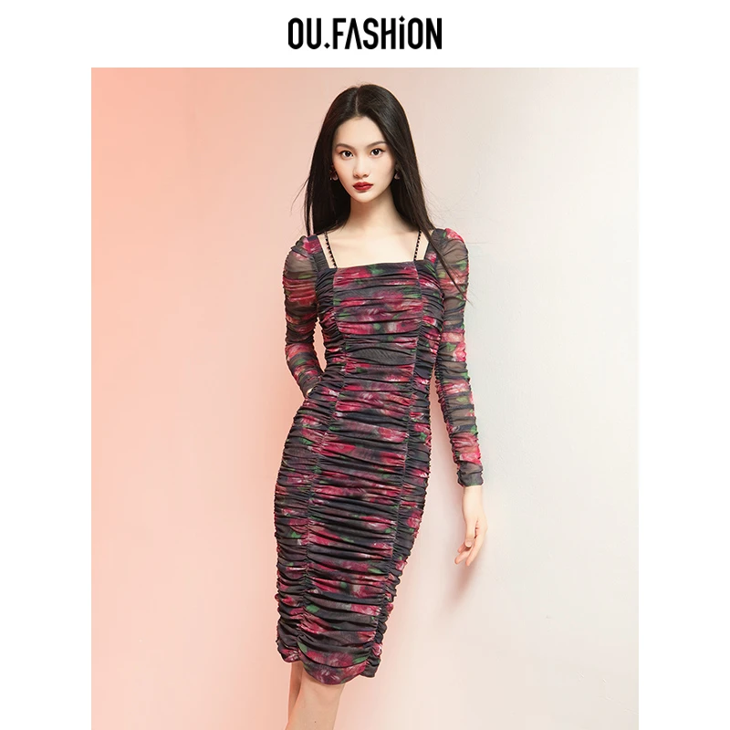 【商场同款】OU.FASHION/欧点可一字肩百搭收褶连衣裙1122310021