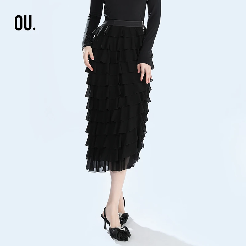 OU.FASHION/欧点蛋糕裙高腰不规则半身裙高级感中长裙6112230323