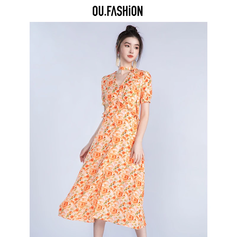 OU.FASHION/欧点碎花V领连衣裙收腰显瘦荷叶边中长裙6122320181