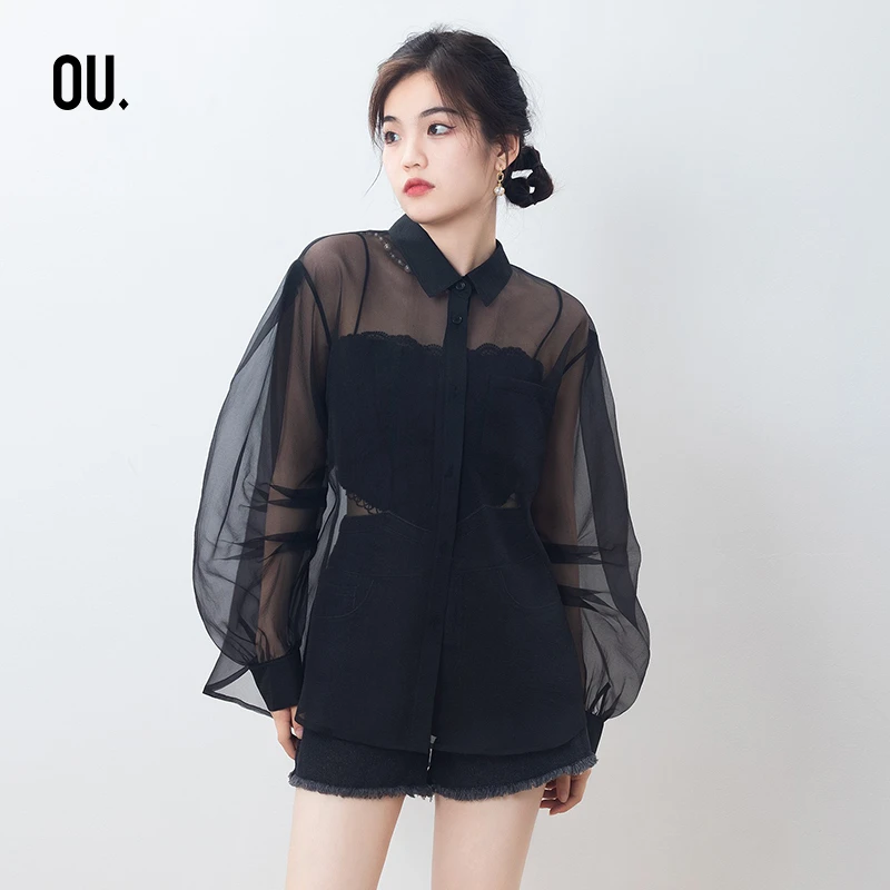OU.FASHION/欧点性感蕾丝纱网长袖上衣夏季6032230087热力感