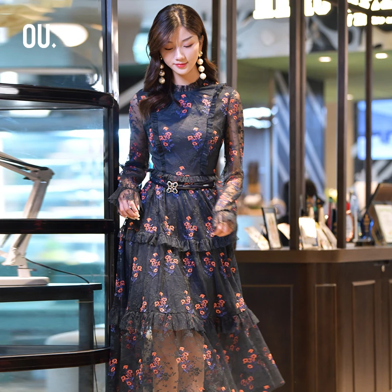 【商场同款】OU.FASHION/欧点名媛长袖连衣裙雪纺蕾丝裙1203133051