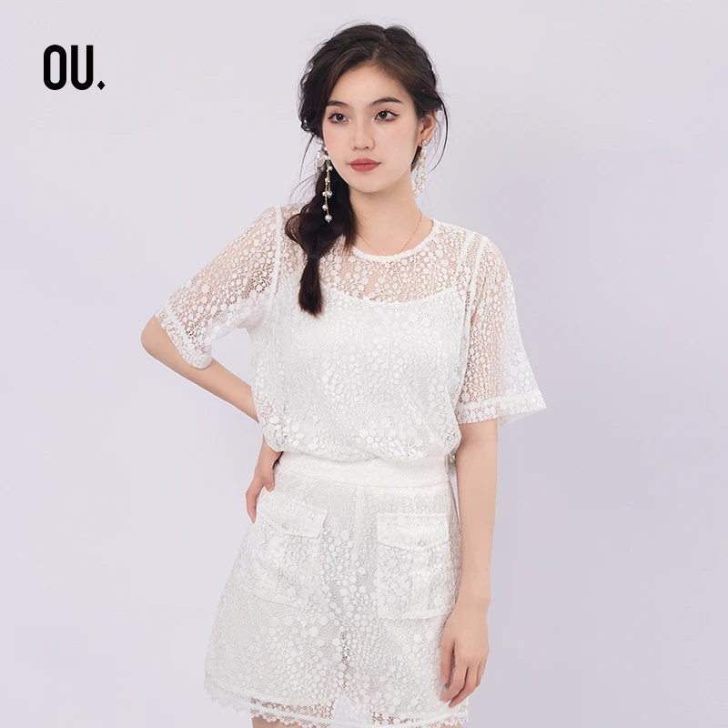 【商场同款】OU.FASHION/欧点 夏季蕾丝网纱短袖上衣 1213121051