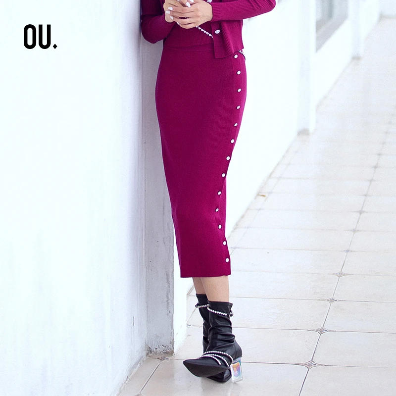 【商场同款】OU.FASHION/欧点时尚针织中长包臀半身裙1213176034