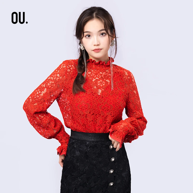 【商场同款】OU.FASHION/欧点时尚优雅蕾丝高领长袖上衣1203123038