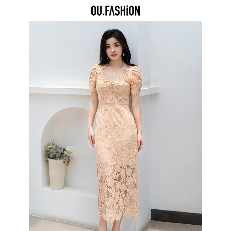 OU.FASHION/欧点法式名媛蕾丝连衣裙女钻石领收腰裙子6122420499