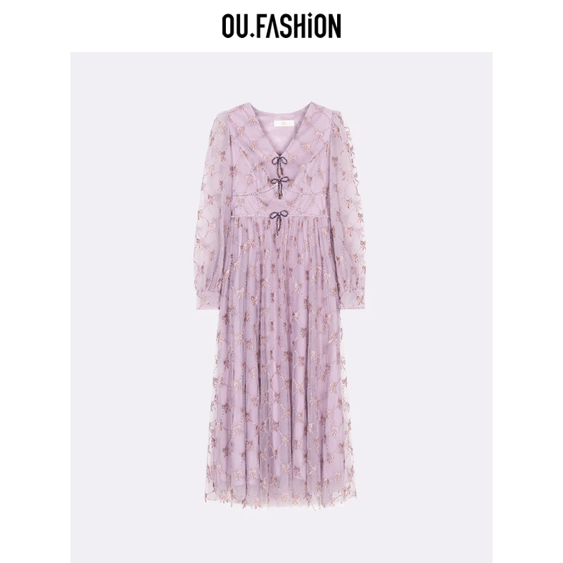 OU.FASHION/欧点v领长袖连衣裙女6122230265