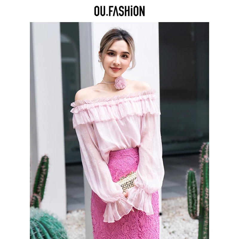OU.FASHION/欧点粉色一字肩法式衬衫长袖上衣6032330101热力感