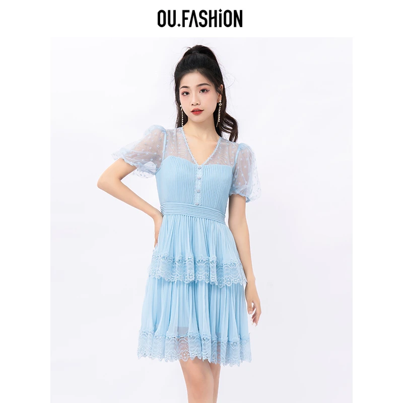 OU.FASHION/欧点微透V领排扣百褶抹胸连衣裙蛋糕短裙6122320098