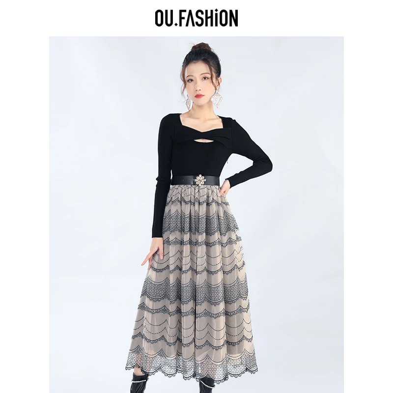 【商场同款】OU.FASHION/欧点针织拼接大裙摆长袖连衣裙1122310420