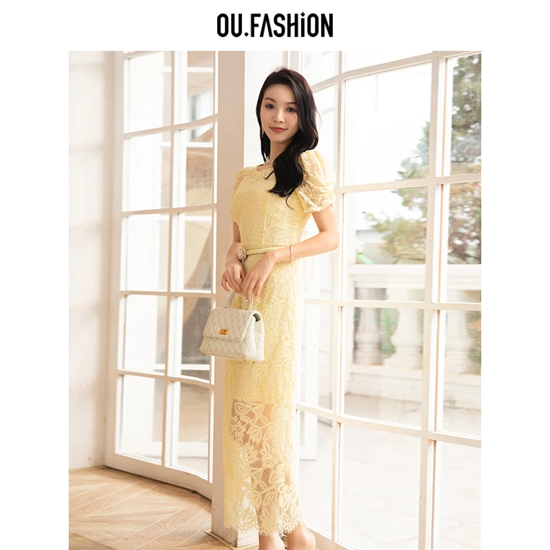 OU.FASHION/欧点水溶蕾丝连衣裙女收腰修身包臀气质6122320020