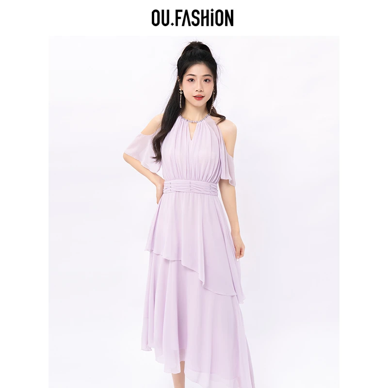 OU.FASHION/欧点挂脖露肩连衣裙女不规则裙摆裙子6122320230
