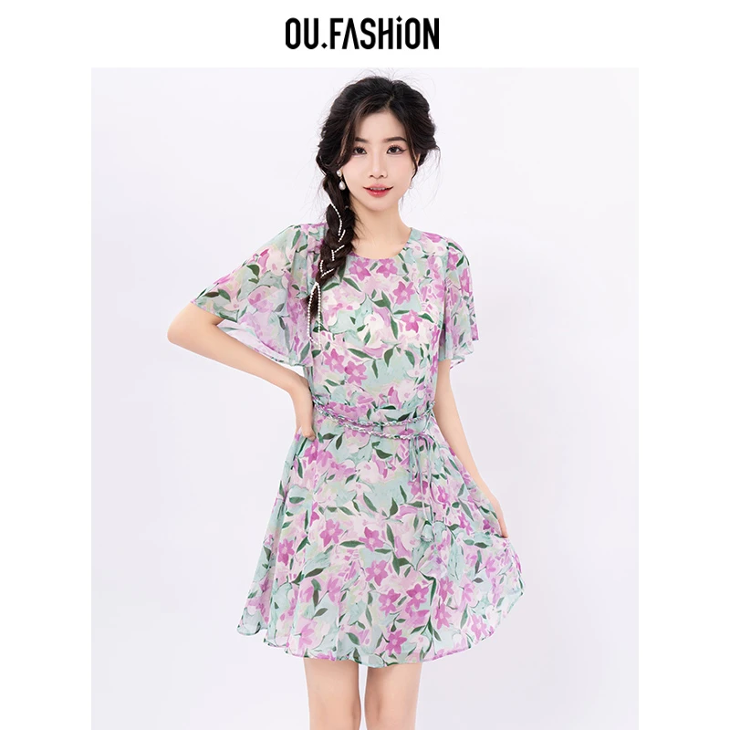 OU.FASHION/欧点小清新碎花连衣裙气质度假风短裙子6122320216