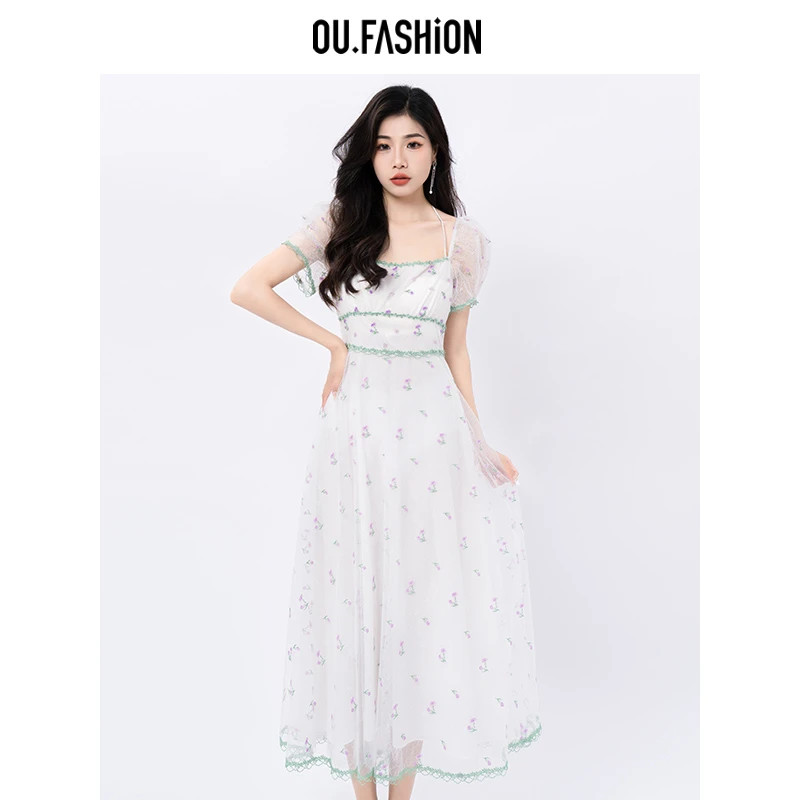 OU.FASHION/欧点碎花刺绣连衣裙方领可一字肩中长裙子6122320233
