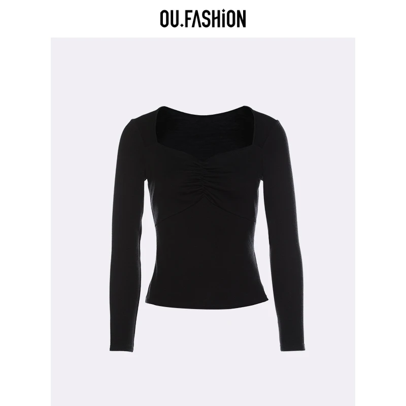 【商场同款】OU.FASHION/欧点方领抽褶绵羊毛长袖T恤上衣1032340486