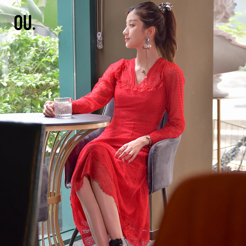 【商场同款】OU.FASHION/欧点时尚轻奢女装蕾丝连衣裙1203133047
