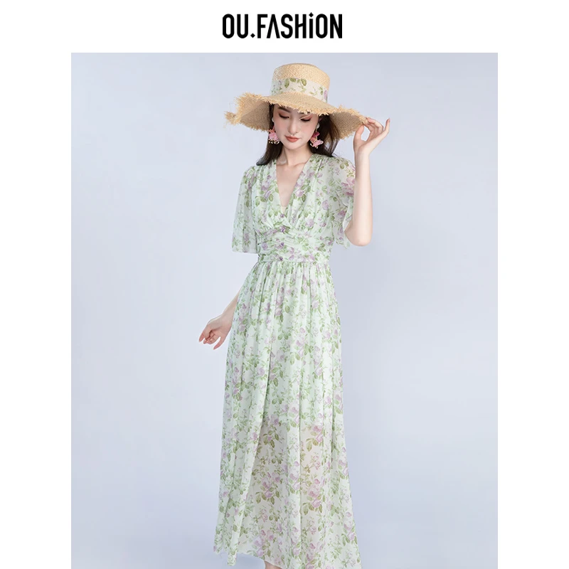 OU.FASHION/欧点绿色碎花连衣裙V领浪漫度假风薄荷曼波6122320163