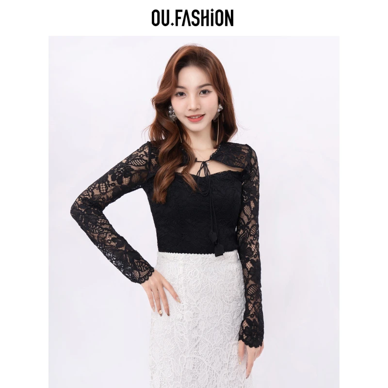 OU.FASHION/欧点领蕾丝衫女长袖上衣6032330015热力感