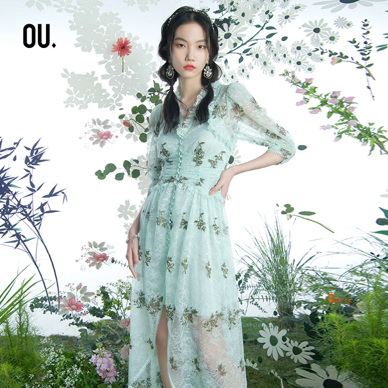 【商场同款】OU.FASHION/欧点碎花网纱连衣裙国风长裙1122220443