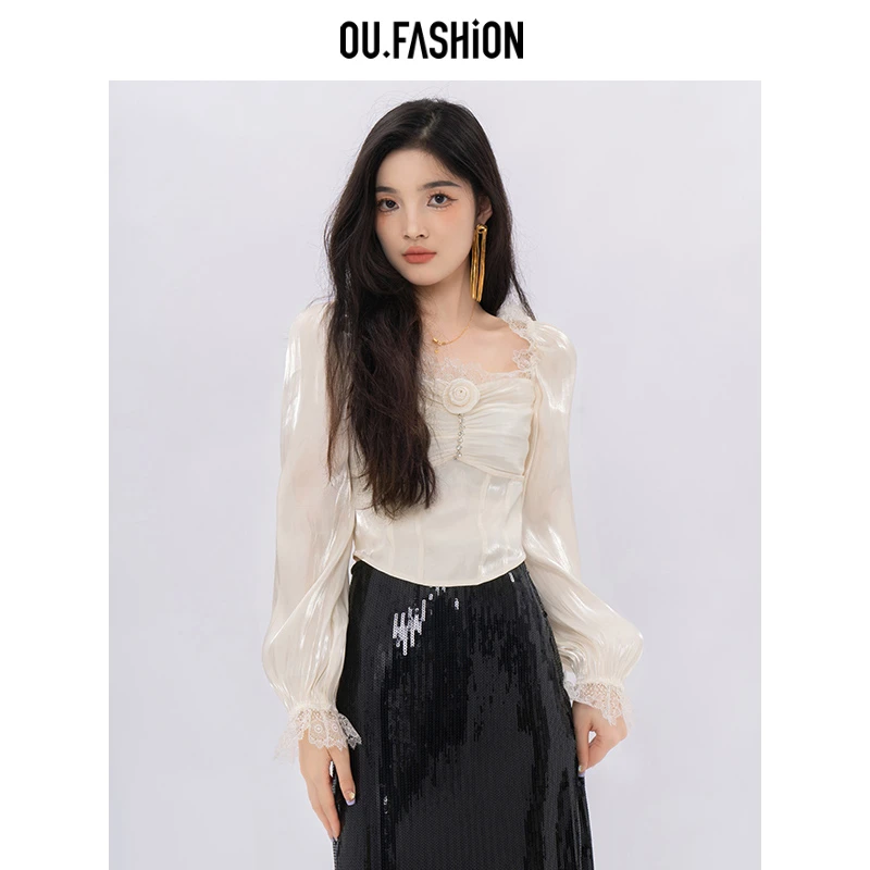 【媛媛】OU.FASHION/欧点法式方领衬衫蕾丝花边上衣6032330028