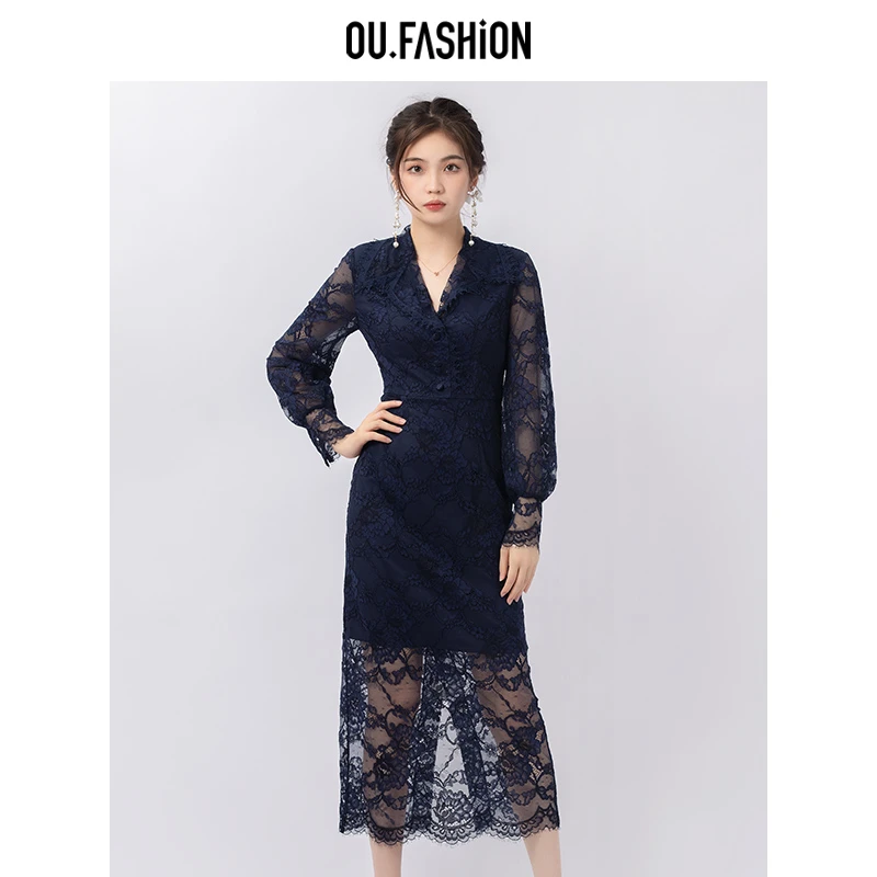 【商场同款】OU.FASHION/欧点春秋季蕾丝长袖连衣裙 1213133011
