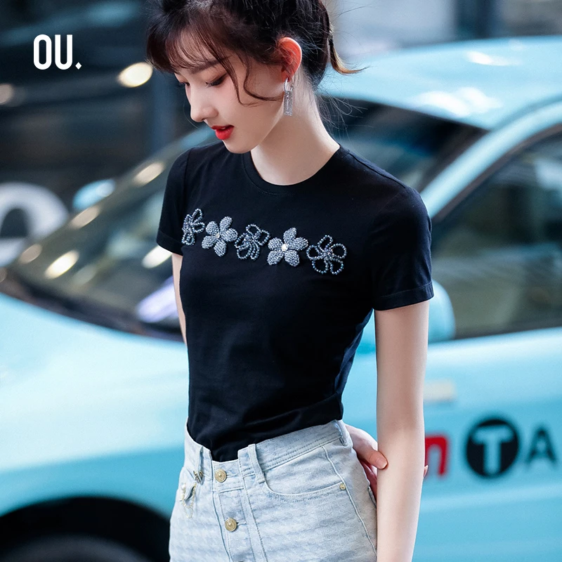 【商场同款】OU.FASHION/欧点短袖t恤夏季修身显瘦上衣1022220566