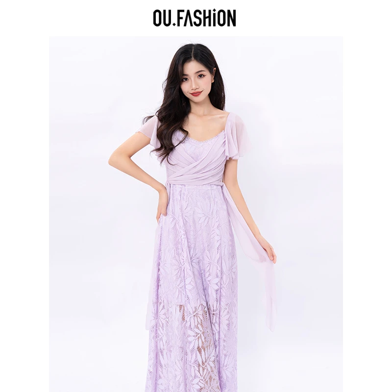 OU.FASHION/欧点飘带设计感收腰气质蕾丝连衣裙显瘦6122320235
