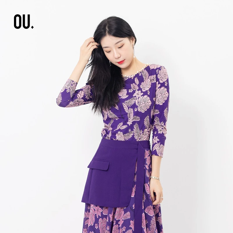 【商场同款】OU.FASHION/欧点 碎花休闲圆领衬衫 1201113002