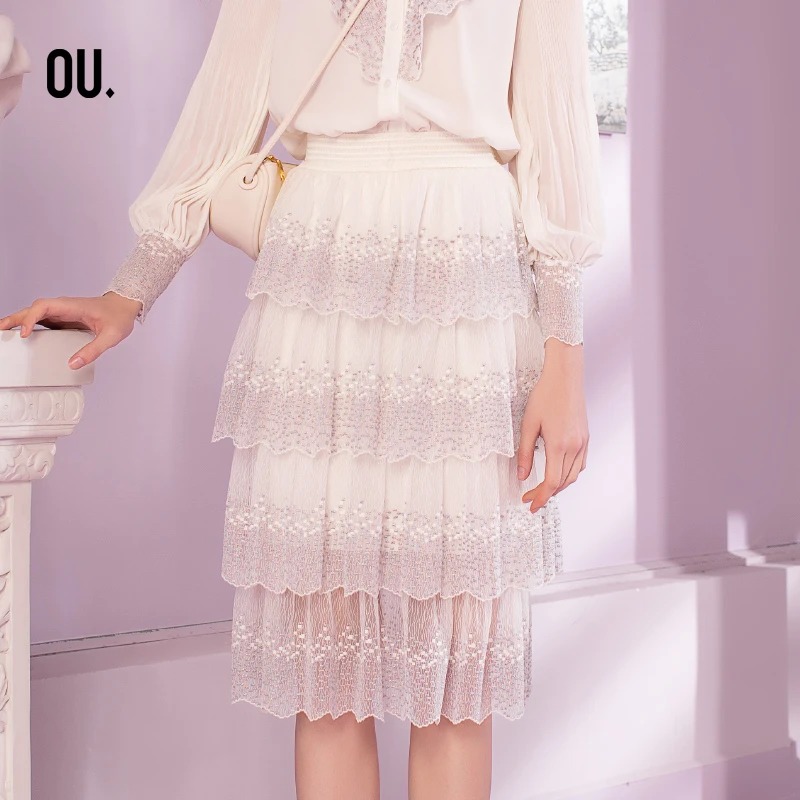 【商场同款】OU.FASHION/欧点层叠荷叶边蕾丝半身裙1203142009
