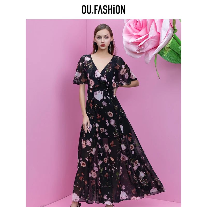 【商场同款】OU.FASHION/欧点满幅印花V领收腰大摆连衣裙1122320325