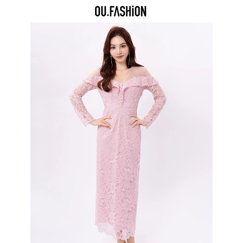 OU.FASHION/欧点蕾丝钉珠边长袖连衣裙v领长裙6122330228