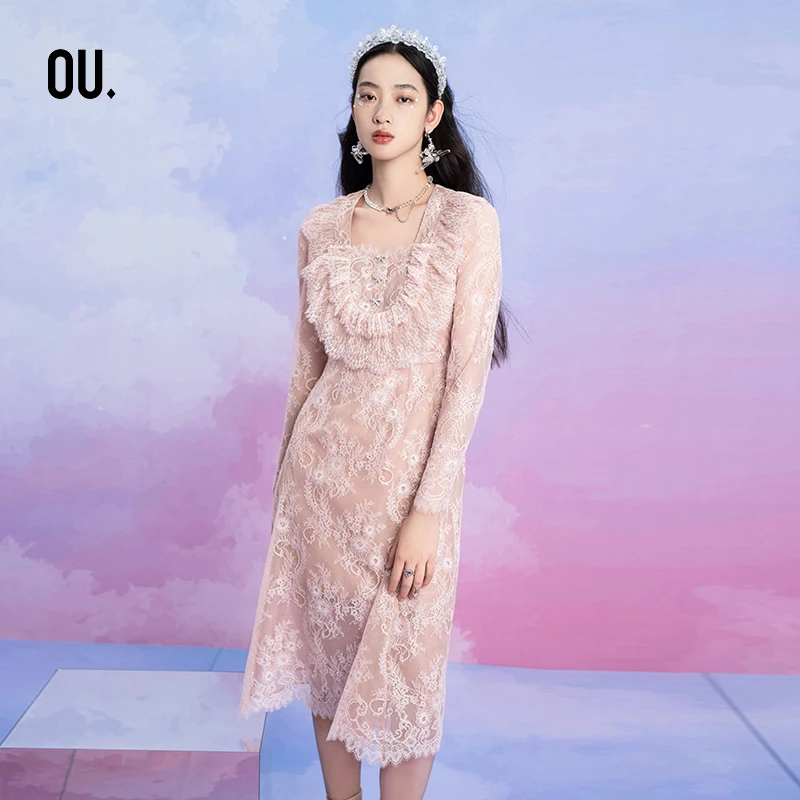 【商场同款】OU.FASHION/欧点时尚法式长袖修身连衣裙1122210072