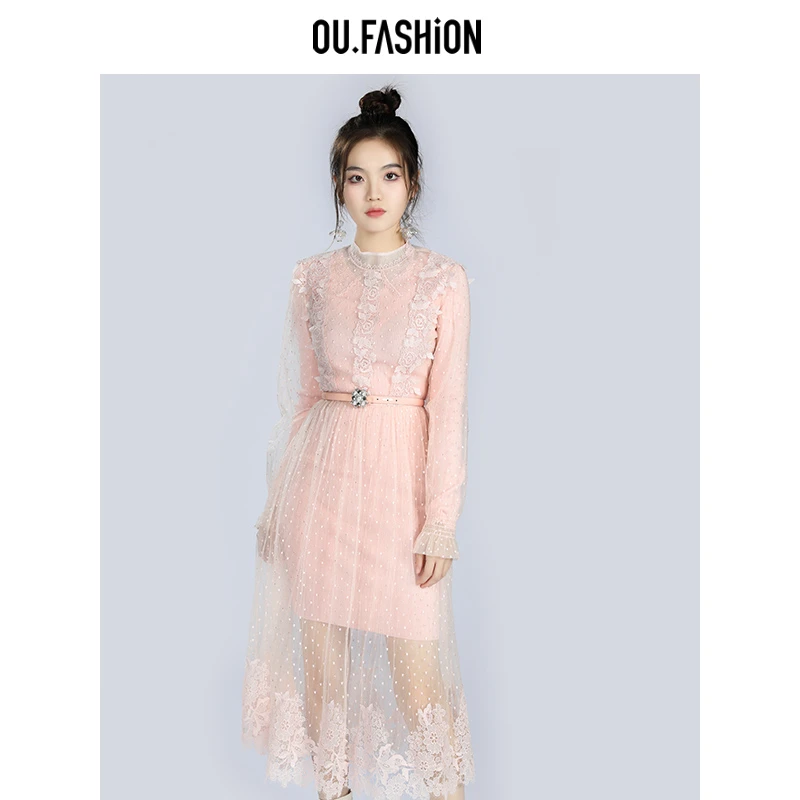 【商场同款】OU.FASHION/欧点蕾丝+毛织打底两件套连衣裙1122240731
