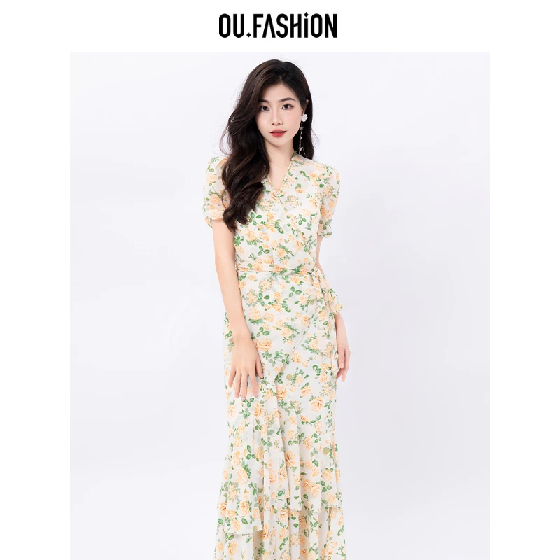 OU.FASHION/欧点一片式度假风显瘦碎花连衣裙6122320212薄荷曼波