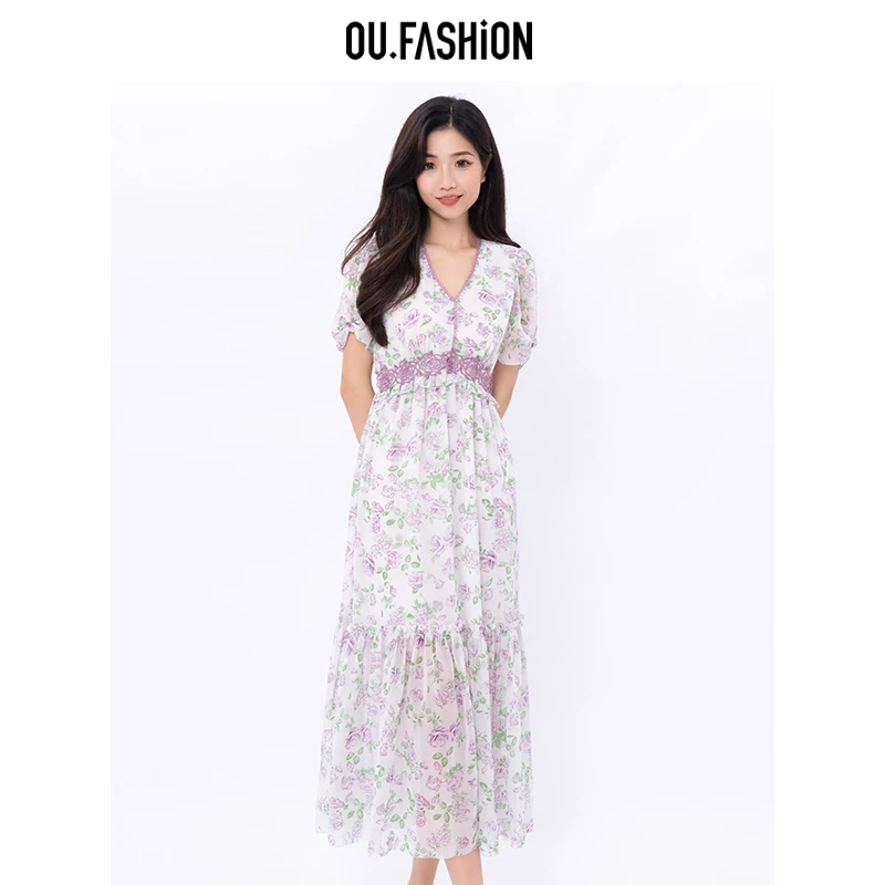 【媛媛】OU.FASHION/欧点乔其纱玫瑰花女装连衣裙6122320312