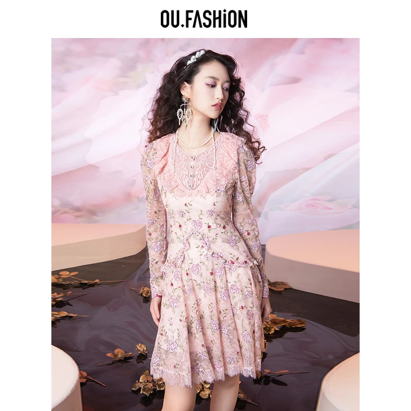 【商场同款】OU.FASHION/欧点法式优雅蕾丝连衣裙女1122240172