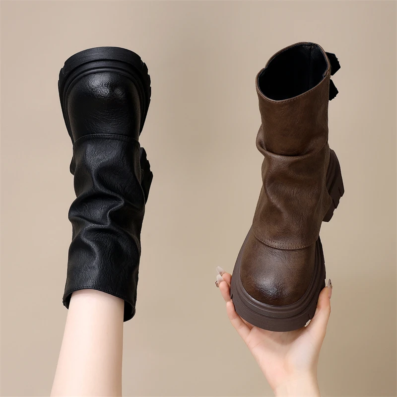 复古马丁靴女2024年新款秋冬季中筒靴百搭轻便厚底增高小个子短靴
