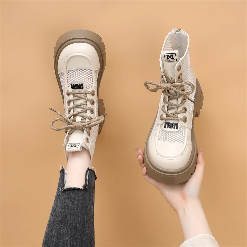 夏季马丁靴女薄款2024新款时尚网靴镂空透气黑色系带厚底增高短靴