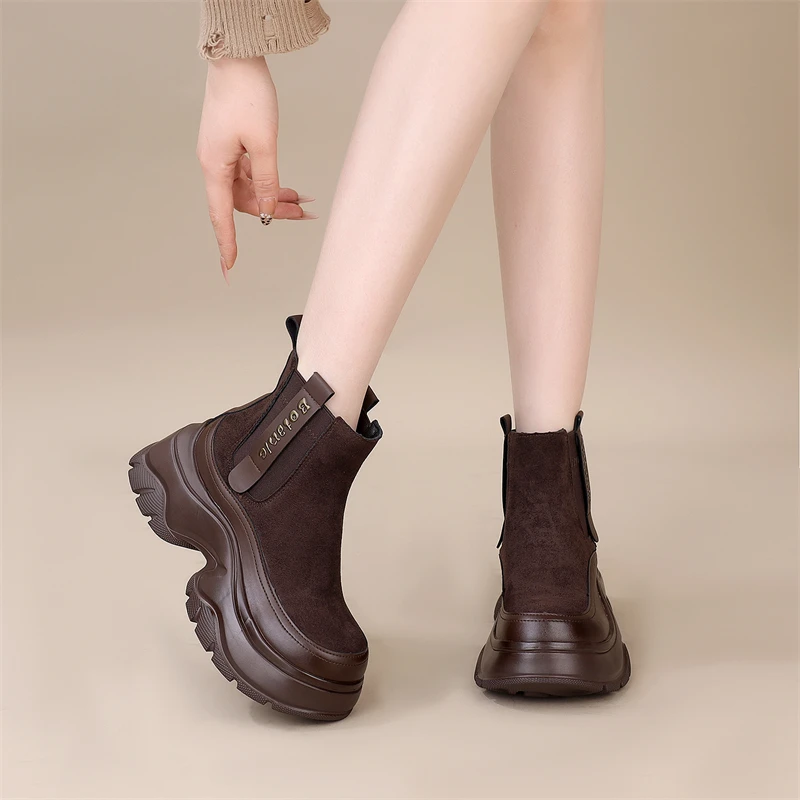 【6厘米】绒面厚底马丁靴2025年爆款冬季加绒增高百搭松紧瘦瘦短靴