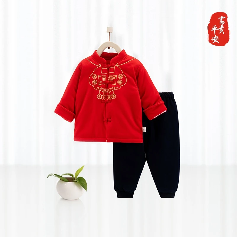 宝宝棉服秋冬国风棉袄喜庆加棉过年冬装夹棉红色婴儿新年套装8050