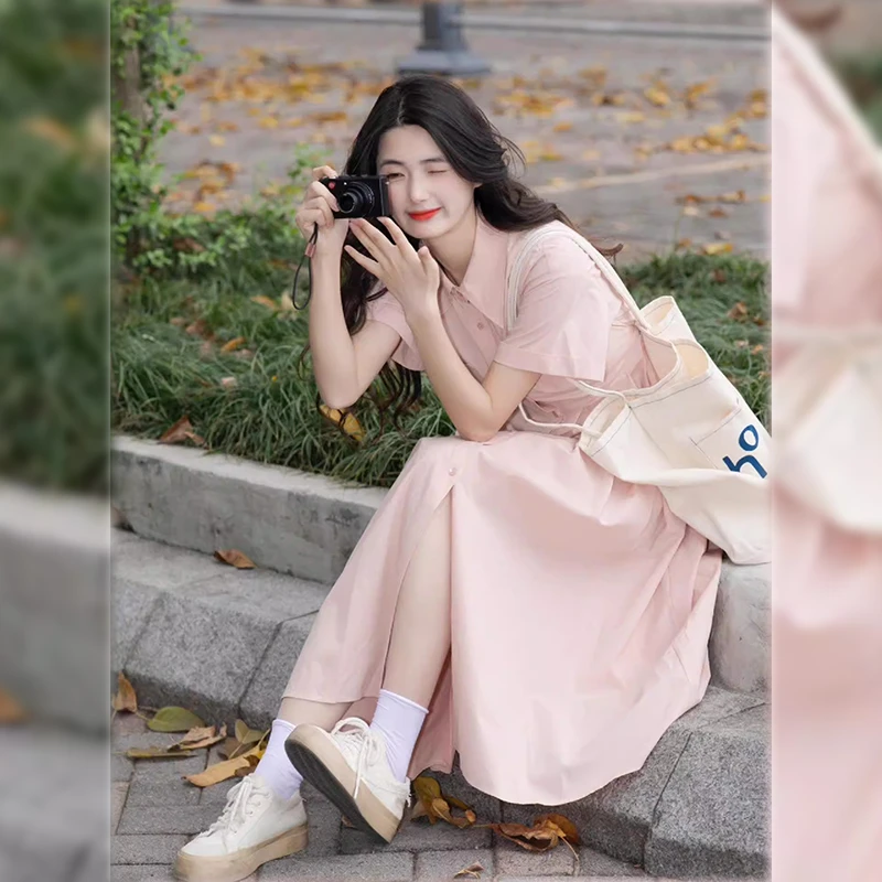 法式甜美小清新连衣裙女夏高级感多巴胺简约海边度假超仙粉色裙子