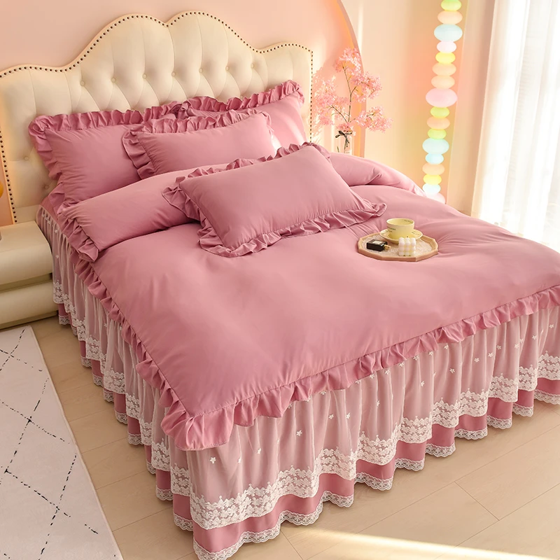 【2023新款】韩版公主风高克重洛卡棉花边床裙款套件四件套少女心